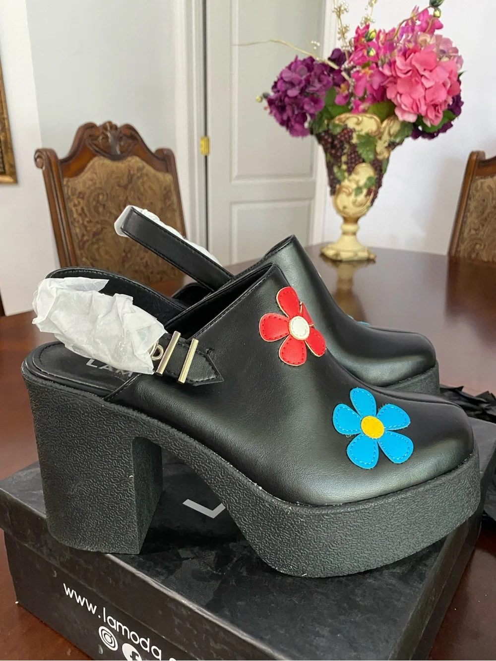 Black Platform Mary Janes with Blue & Red Floral Accents